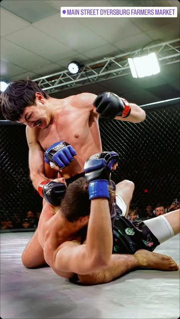 An MMA fighter striking from top position inside the Black Cat cage